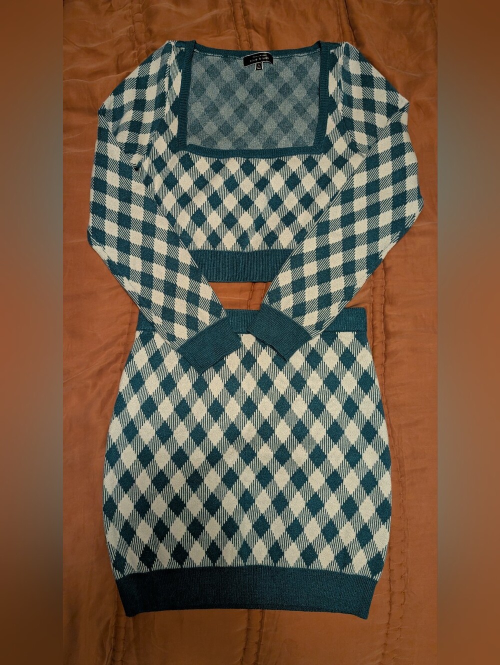 Blue Blush Teal and Cream Argyle Knit Skirt Set